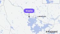 Karttagrafiikka, jossa näkyy Oulu, Kajaani ja Vaala, sekä Vaalan itäpuolella Liminpuron alue merkittynä ympyrällä.