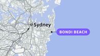 Kartta Sydneyn alueesta, kartalle on merkattu Bondi Beachin sijainti kaupunkialueella.