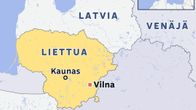 Karttakuva, jossa on Liettua ja sen naapurimaat. Karttaan on merkitty Liettuan pääkaupunki Vilna ja kaupunki Kaunas.