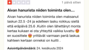 Kuvakaappaus Trustpilot-sivustolta: kirjoittaja antaa Klarnalle yhden tähden arvion.