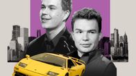 Kollaasi. Rytsölät, Lamborghini, suurkaupungin siluetti ja pilviä.