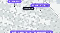 Karttakuva Porin keskustasta, kirjasto, nuorisotalo Kauppatorin lähistöllä sekä vanhan linja-autoaseman tontille rakennettava sisäliikunta- ja tapahtumatila.
