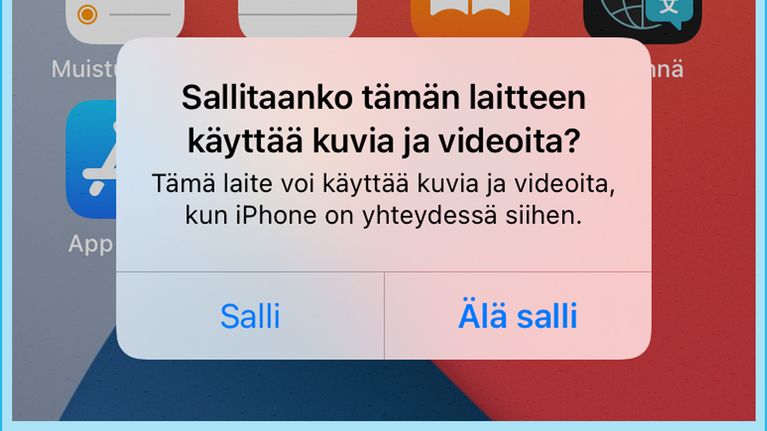 Kuvakaappaus iPhonesta. Ruudulla ilmoitus: Sallitaanko tämän laitteen käyttää kuvia ja videoita?