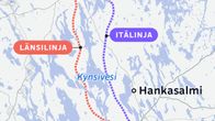 Kartta, jossa on Harjulinjan läntinen linjaus ja itäinen linjaus.