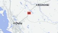 Karttakuvassa näkyvät Oulu, Kiiminki ja tie 20; vasemmassa yläkulmassa Suomen kartta punaisella pisteellä.