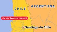 Karttakuva Chilen ja Argentiinan rajasta, jossa korostettu Christo Redentor -tunneli ja Santiago de Chile. Ylhäällä maailmankartta.