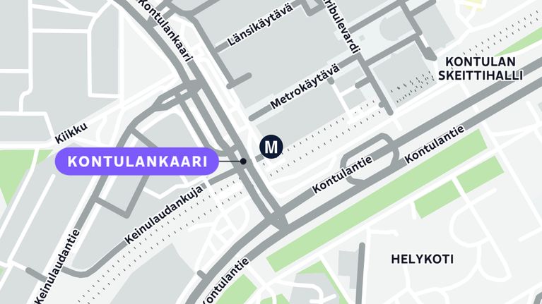 Karttakuva Kontulan alueesta Helsingissä, jossa näkyy katujen ja maamerkkien nimet sekä sijaintimerkintä kartalla.