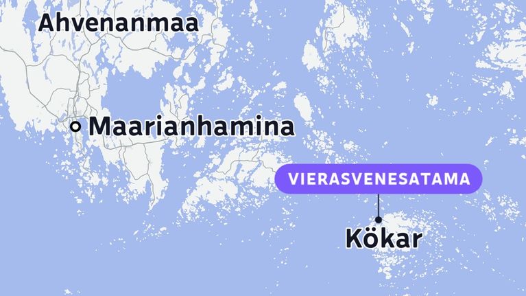 Karttakuva, jossa on Ahvenanmaa, Maarianhamina ja Kökar sekä vierasvenesatama.
