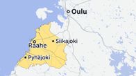 Karttagrafiikka, jossa näkyy Raahe, vieruskunnat Siikajoki ja Pyhäjoki, sekä Oulu.