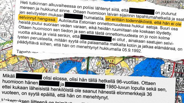 Dokumentista revittyjä kappaleita, joista osa tekstistä on mustattu, taustalla kartta.