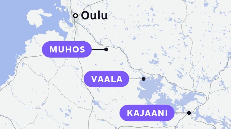 Karttakuva Pohjois-Suomesta, jossa Oulu, Muhos, Vaala ja Kajaani on merkitty sekä tekstiä paikkakuntien nimissä.