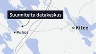 Karttakuva Pohjois-Karjalasta, jossa näkyvät Puhos, Kitee ja suunnitellun datakeskuksen sijainti lähellä Puhosta.