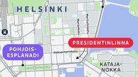 Kartta Helsingin keskustasta ja presidentinlinnan sijainnista.