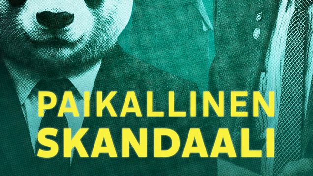 Areena-juliste uudelle Paikallinen skandaali -podcastille. Kuvassa ihmishahmo puvussa, jolle liitetty pandan pää.