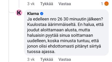 Kuvakaappaus Facebook-kommenteista, jossa Klarnan asiakaspalvelun palvelukieli muuttuu välillä saksaksi.