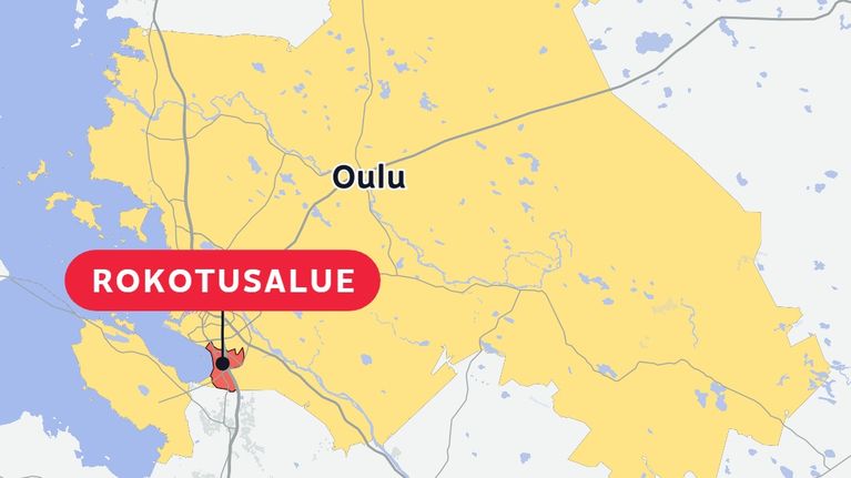 Oulun kartta, jossa on korostettuna alue, missä asuville punkkirokotus tarjotaan ilmaiseksi.