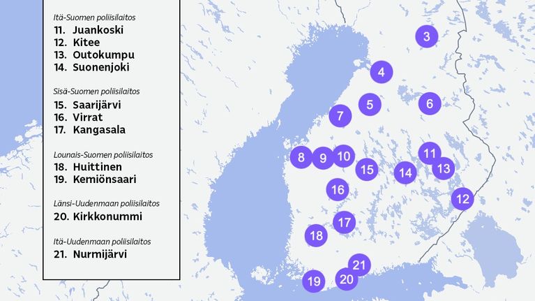 Kartta lakkautusuhan alla olevista poliisiasemista.
