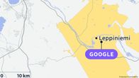 Kartta, jossa näkyy Leppiniemen kylä ja sen lähelle suunnitellun Googlen datakeskuksen sijainti.