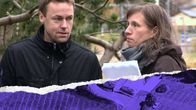 Violetiksi sävytetty ilmakuva kartanomaisesta rakennuksesta, jonka yläpuolella on kuva miehestä tummassa takissa ja naisesta ruskeassa takissa.
