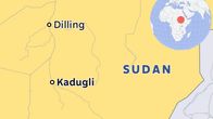 Kartta, jossa Sudan, Kadugli, Dilling, ja Etelä-Sudan.