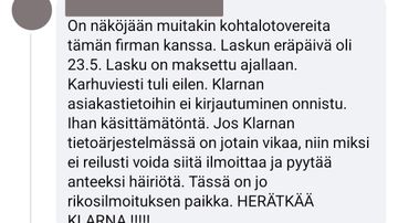 Kuvakaappaus Klarnan Facebook-sivuston kommenteista.
