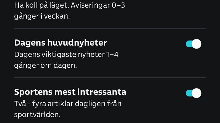 Skärmdump på inställningar för pushnotiser i Yleappen.