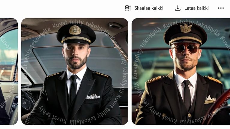 Tekoälyllä tehdyssä kuvassa on neljä eri henkilöä lentokapteenin ja lentoperämiehen virka-asussa.