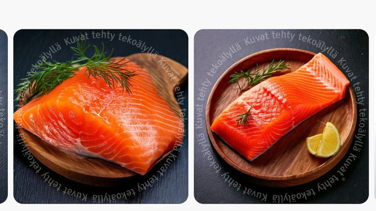 Tekoälyllä tehtyjä kuvia  kauniisti aseteltua lohifileetä eri alustoilla: ensimäinen filee sitruunan siivun kanssa tummalla alustalla, toinen filee puualustalla tillin kera, ja kolmas filee tarjoiltuna sitruunalohkoilla lautasella.