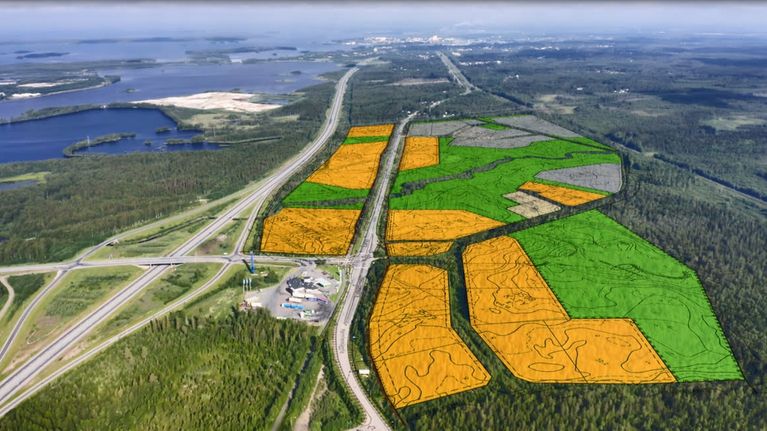 Luonnos Kemintulli yritysalueesta. Kuvassa näkyy teitä ja metsää sekä luonnostellut tontit.