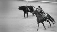 Härkätaistelua Espanjassa 1969. Matadori ratsastaa ja ärsyttää härän suunniltaan.