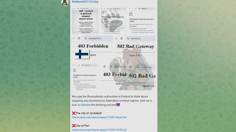 Venäläinen hakkeriryhmä kertoi Telegramissa hyökkäyksestä suomalaisten kaupunkien verkkosivuille. Kuvakaappaus.