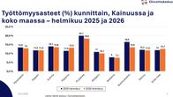 Pylväsgrafiikkakuva valkealla pohjalla jossa näkyy sinisiä ja vihreitä pylväitä kuntien nimien kohdalla. 