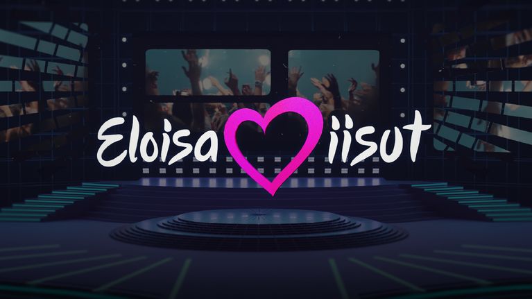 Tummalla pohjalla oleva logo, jossa lukee Eloisa viisut, samannäköinen logo kuin Euroviisujen virallinen tunnus. 