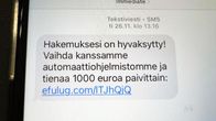 Huijausviesti kännykän näytöllä. 