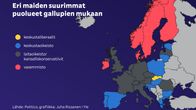 Euroopan maiden suurimmat puolueet kartalla.