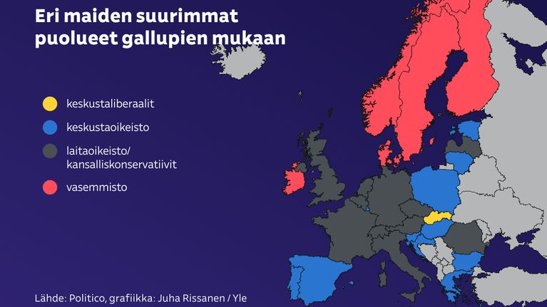 Euroopan maiden suurimmat puolueet kartalla.