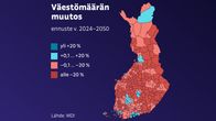 Kartta näyttää kunnat, joissa suomen väestön ennustetaan kasvavan ja vähenevän vuoteen 2050 mennessä. Kasvavia kuntia on vain 39, ne ovat pääosin suuria kaupunkeja ja näiden seutukuntia. 