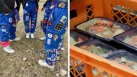 A composite image with a photo of the legs of students wearing overalls and a crate with sealed packages of chicken dinners.