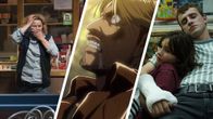 Kuvakollaasi, jossa kuvat kolmesta eri draamatuotannosta: Mr Bates vs. The Post Office, Attack on Titan ja Aftersun.