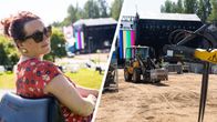 Toimittaja Maria Salovaara katsoo kameraan muovisessa tuolissa Tammerfestin päälavan edessä. Toisessa kuvassa näkyy kuormaimia festivaalialueella työssä.