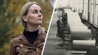 Susanne Åke seisoo syksyisessä maisemassa. Vieressä historia kuva Pankakosken tehtaalta.