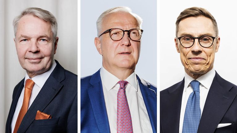 Presidenttiehdokkaat Pekka Haavisto, Olli Rehn ja Alexander Stubb.