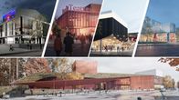 Kouvolan uuden teatterin arkkitehtuurikilpailun viisi havainnekuvaa. 