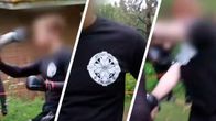 Kolmiosainen kuva, jossa kuvakaappauksia videolta. Kuvissa mustiin vaatteisiin pukeutuneet miehet tappelevat kamppailukehässä. Kaikkien kasvot ovat sumennettu.