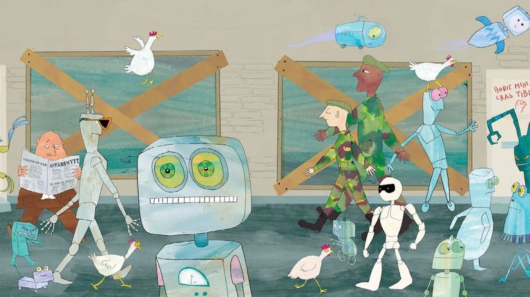 Kuvitusta Linda Bondestamin kirjasta. Kuvassa piirretty kaupungin katu, jossa kulkee robotteja ja ihmisiä.
