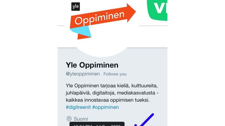 Yle Oppimisen Twitter-tilin etusivu.