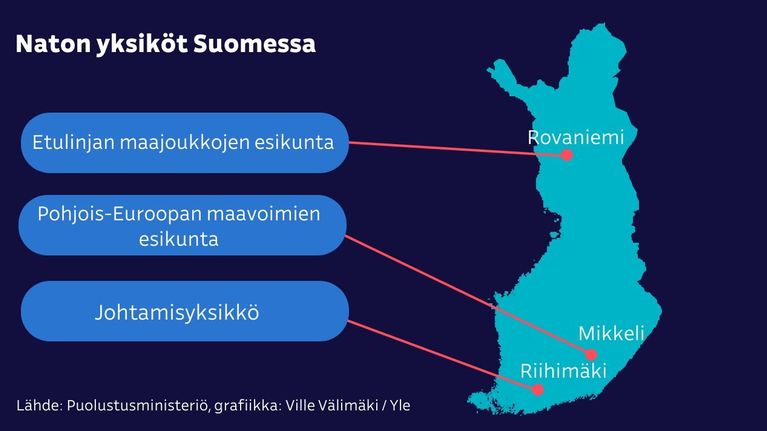 Kartta joka näyttää naton yksiköitä Rovaniemellä, Mikkelissä ja Riihimäellä