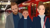 Piirrettyjä hahmoja, taustalla metrovaunu.