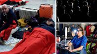 Kuvakombossa ihmisiä Espanjan sähkökatkon aikana juna-asemalla, tennisottelussa ja vaatekaupassa.