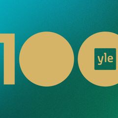 Ylen 100-vuotisjuhlavuoden visuaalinen ilme, joka yhdistää kultaisen 100-logon ja Ylen tunnuksen, tausta on sinisen ja vihreän sävyinen. 